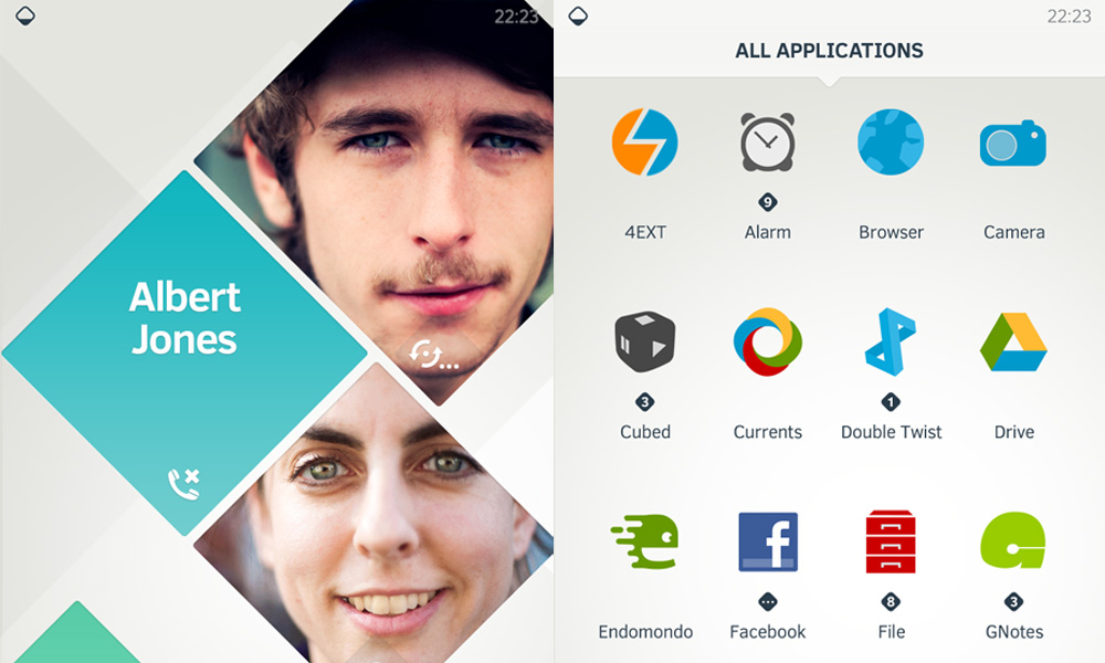 2 screenshots of different home and apps screens of the tizen phone